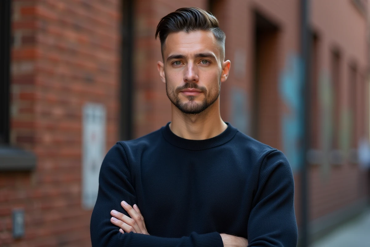 Homme aux cheveux courts avec une coupe cuenta bien définie et un dégradé net sur les côtés, portant un pull marine, en extérieur urbain