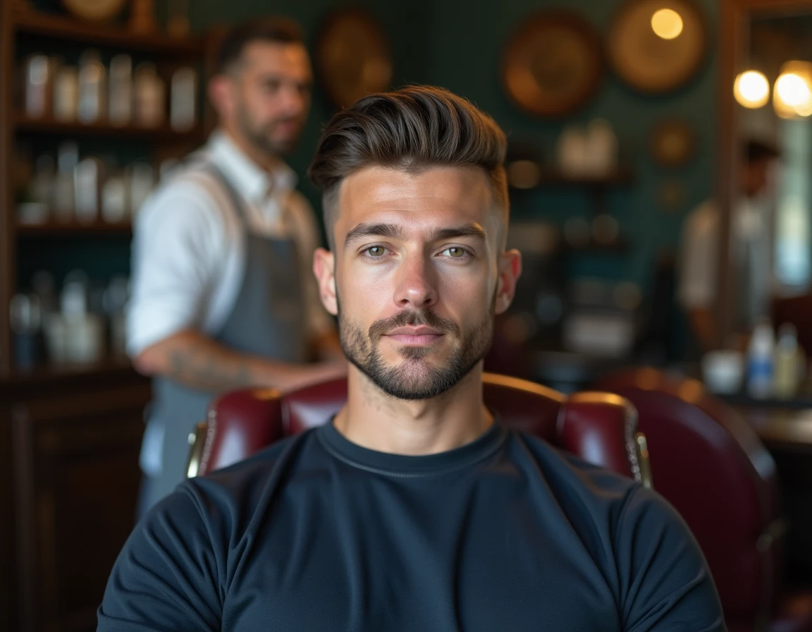 Homme avec une coupe dégradé classique fondu assis dans un fauteuil de barbier traditionnel