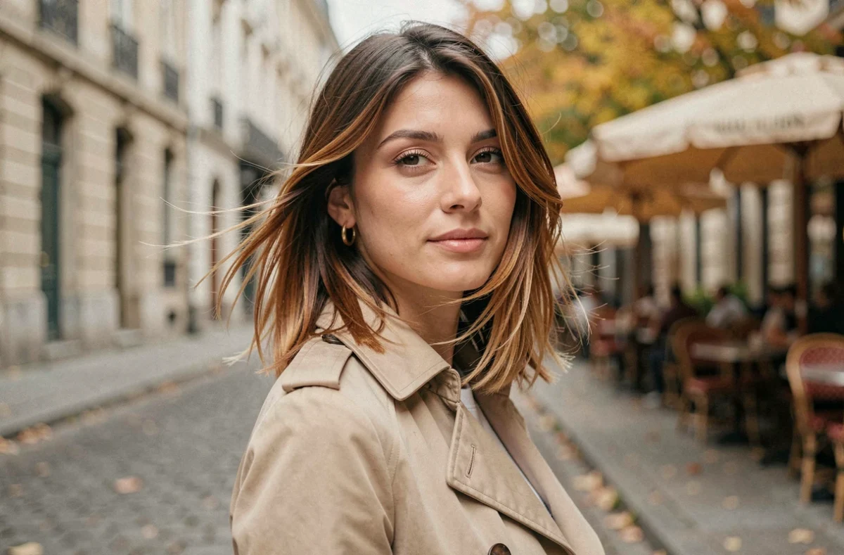 Jeune femme avec une coupe dégradée mi-longue en extérieur dans une rue pavée en automne
