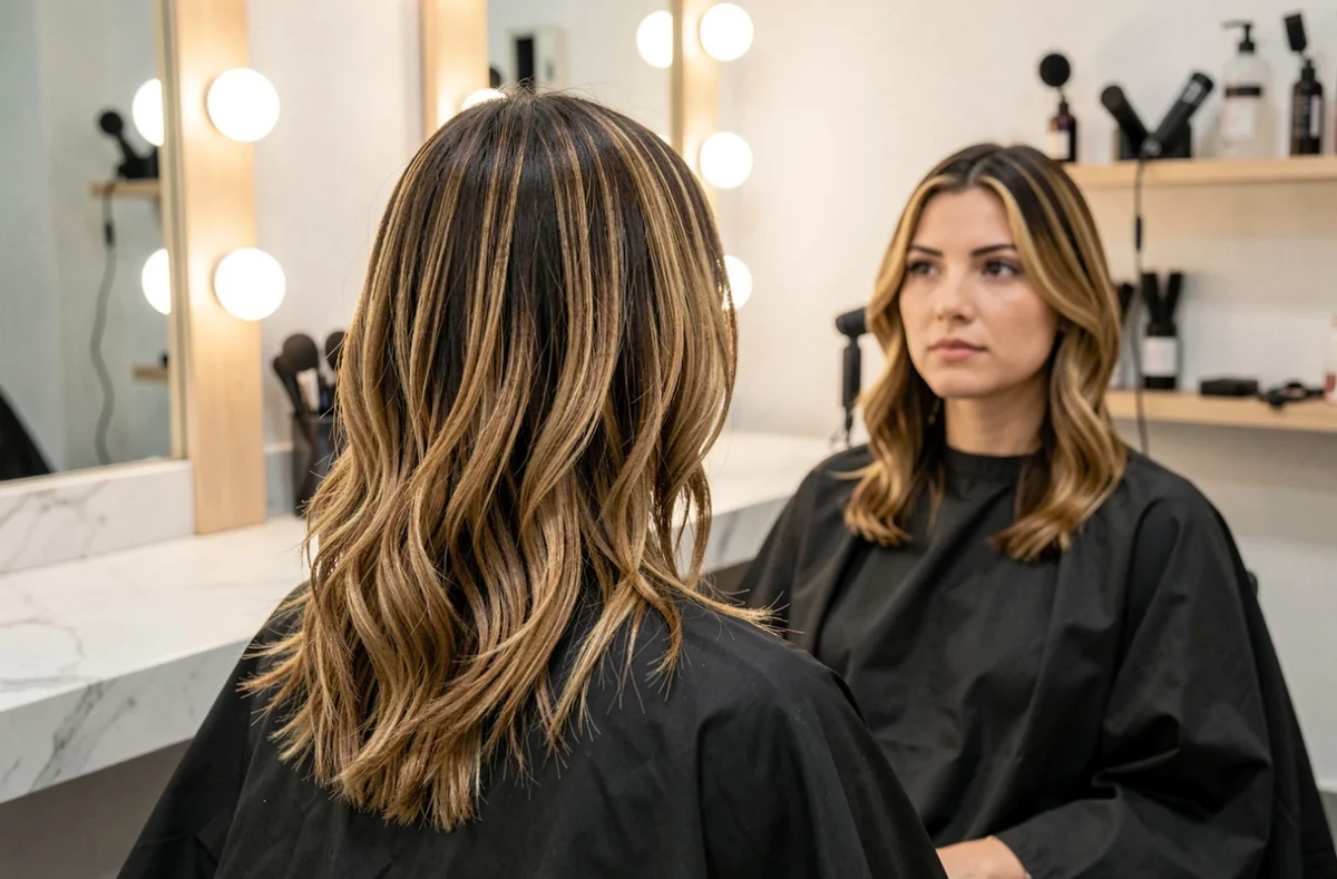 Femme aux cheveux mi-longs en coupe dégradée avec des reflets caramel assise dans un salon de coiffure moderne