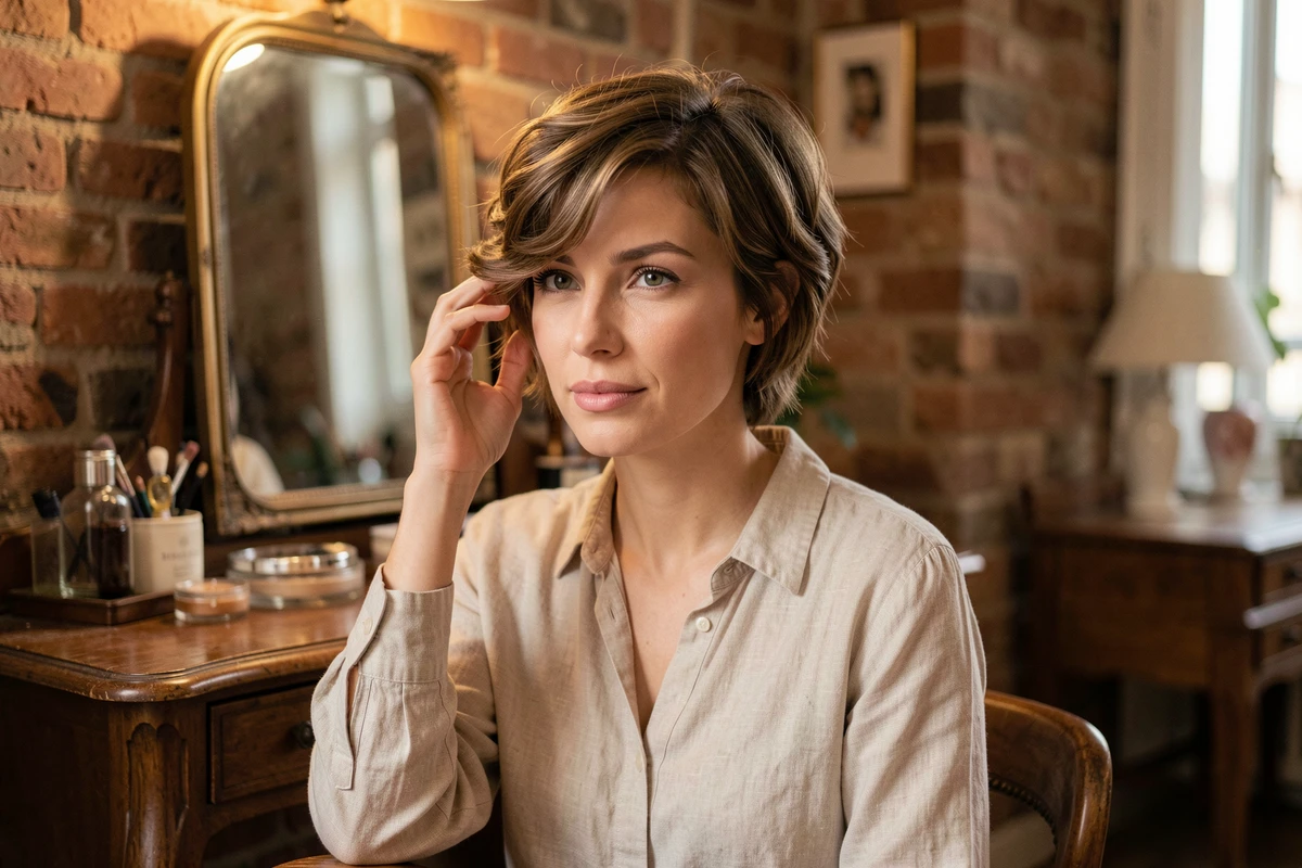 Femme aux cheveux courts en coupe pixie féminine et ondulée dans un appartement parisien au style vintage