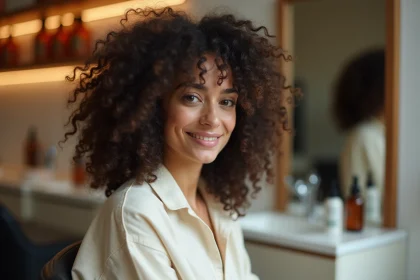 Femme aux cheveux bouclés coupés en shaggy avec franges rideaux dans un salon de coiffure moderne