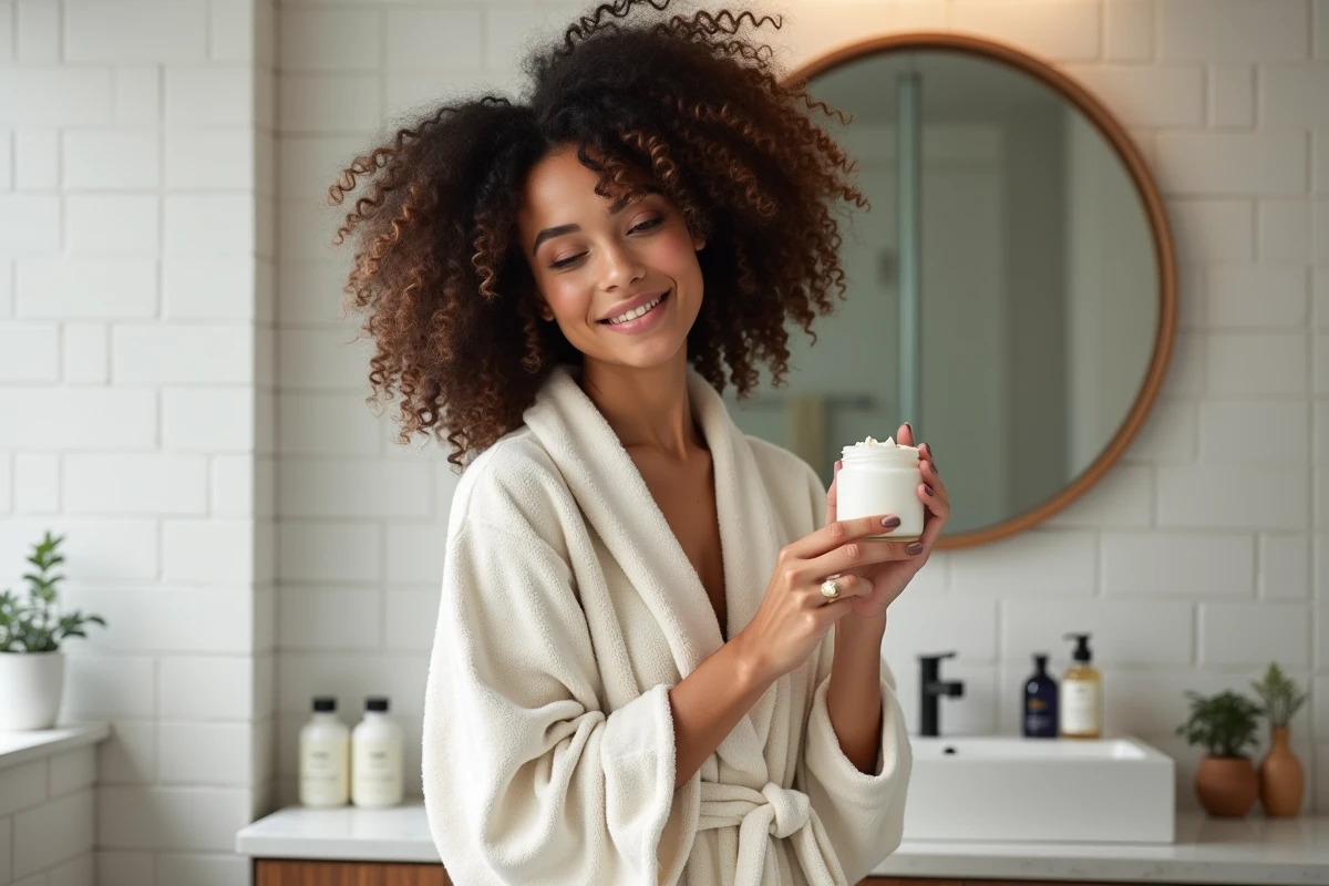 Femme aux cheveux bouclés naturels appliquant une crème coiffante clean beauty dans une salle de bain minimaliste