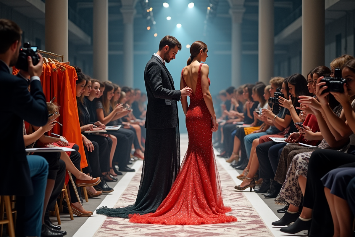 Mannequin et créateur ajustant une robe de soirée sur un défilé moderne