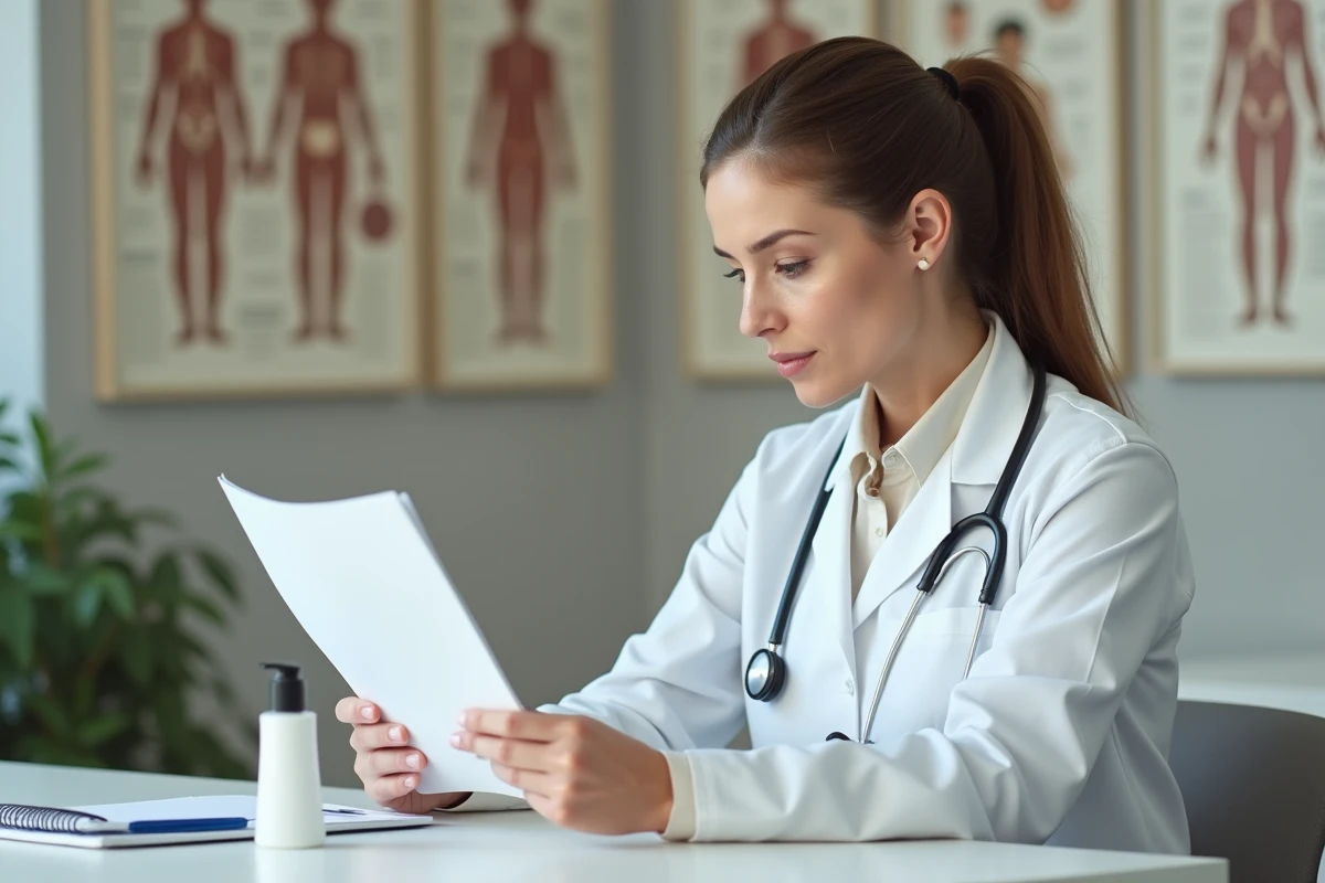 Dermatologue femme en consultation examinant un dossier avec une crème de soin posée sur le bureau