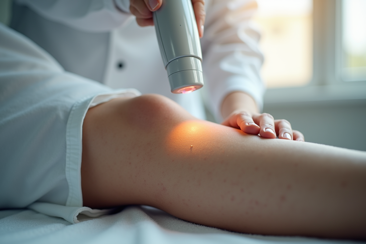 Dermatologue appliquant un laser sur la jambe du patient dans une clinique moderne