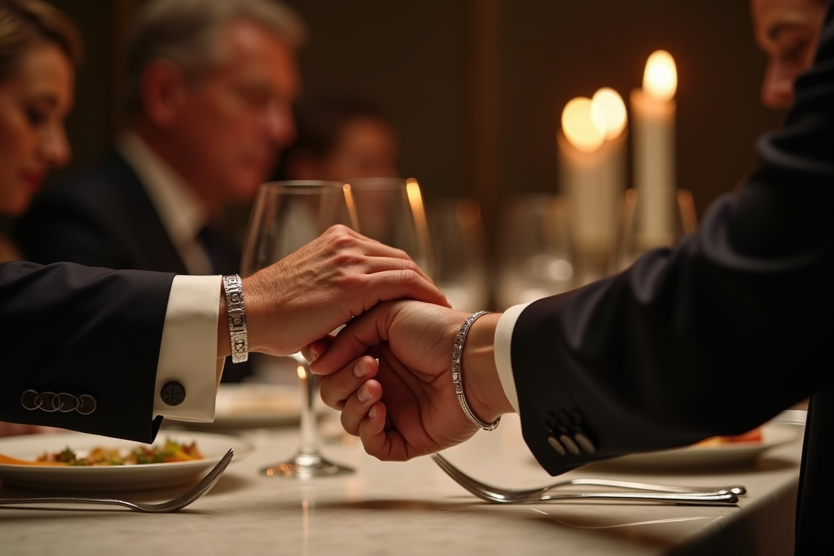 Homme offrant un bracelet en or blanc lors d