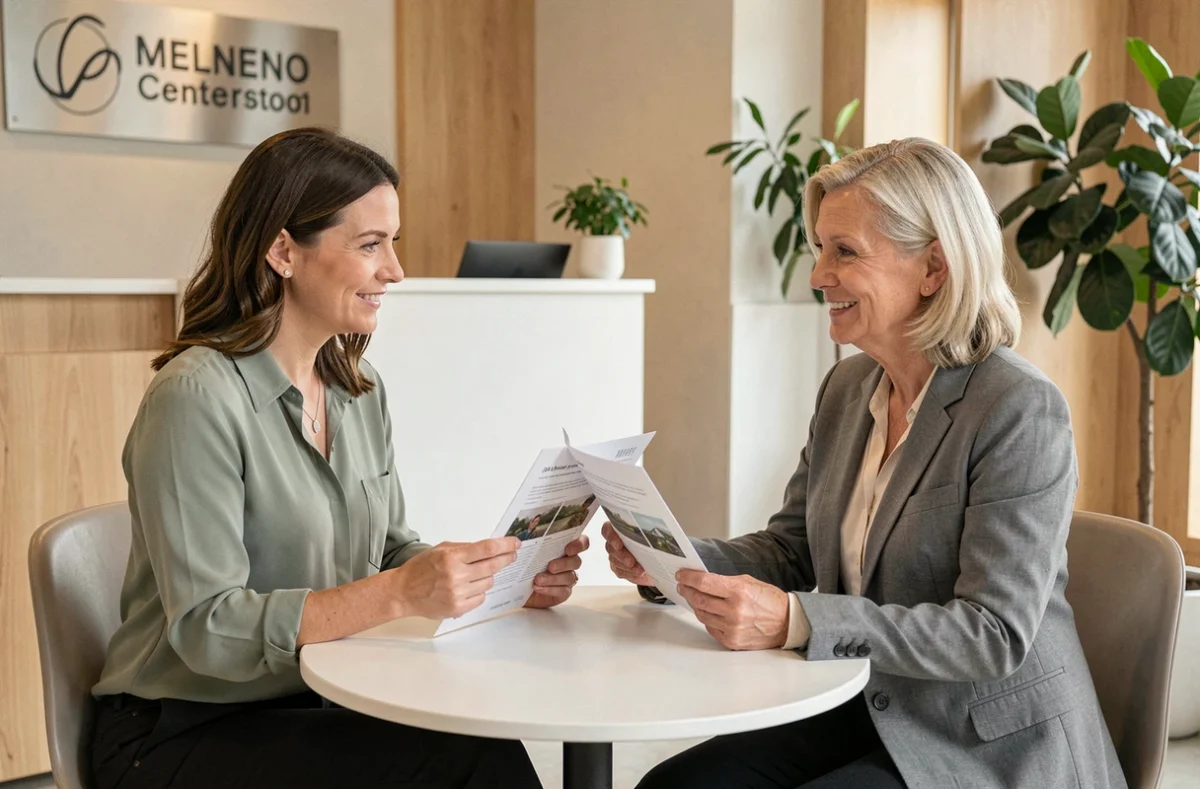 Deux femmes discutant des obligations légales liées aux annonces de massage dans une réception de centre bien-être