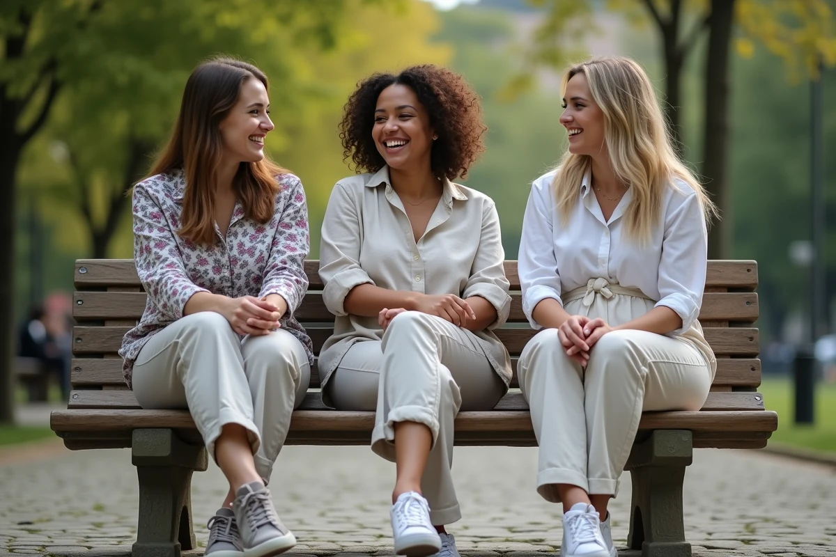 Trois femmes aux morphologies différentes assises dans un parc, célébrant la diversité corporelle et le bien-être au-delà des standards de beauté