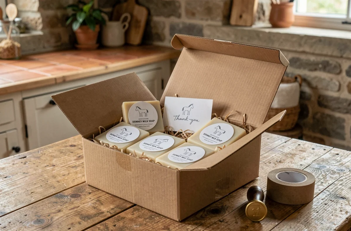 Colis de savons au lait d'ânesse artisanaux prêt à être expédié avec emballage kraft et carte personnalisée