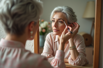 Femme élégante de 60 ans appliquant du maquillage dans sa chambre