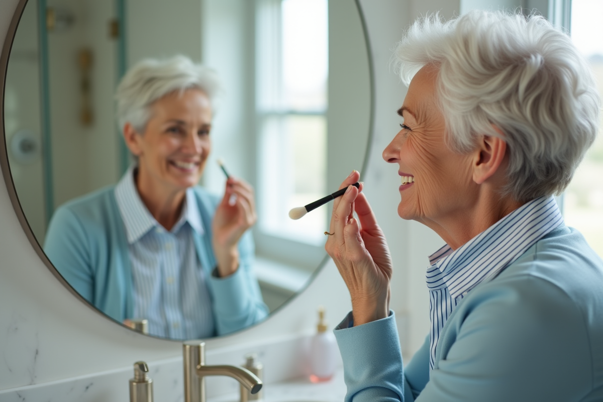 Femme plus âgée appliquant du blush dans la salle de bain