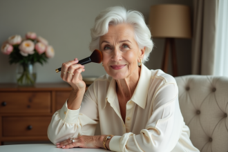 Femme confiante en blouse crème appliquant poudre visage