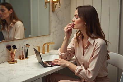 Femme élégante appliquant du rouge à lèvres dans un salon moderne