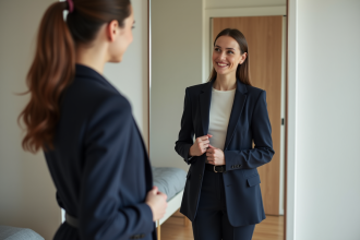 Femme en blazer navy ajustant son vêtement dans un miroir