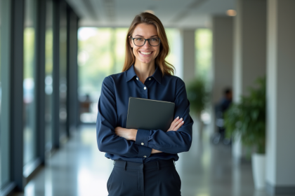 Femme confiante dans un bureau moderne avec dossier