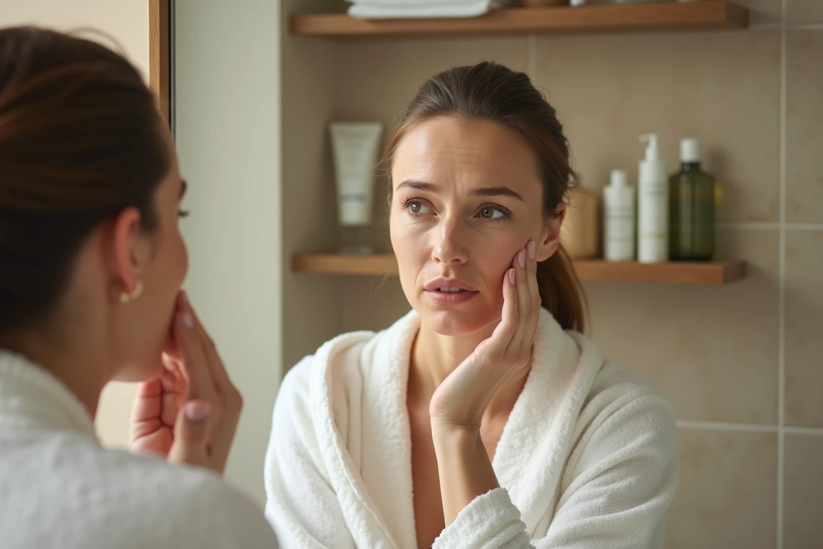 Femme mature examinant ses cernes et rides autour des yeux devant un miroir de salle de bain, évaluant un produit cosmétique anti-âge comme Nuvaskin