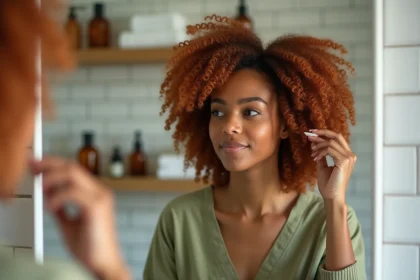 Jeune femme aux cheveux bouclés cuivrés appliquant un soin Olaplex sur ses longueurs devant un miroir de salle de bain moderne