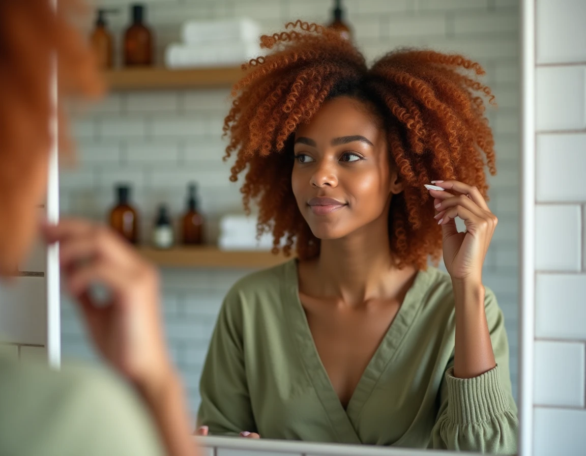 Jeune femme aux cheveux bouclés cuivrés appliquant un soin Olaplex sur ses longueurs devant un miroir de salle de bain moderne