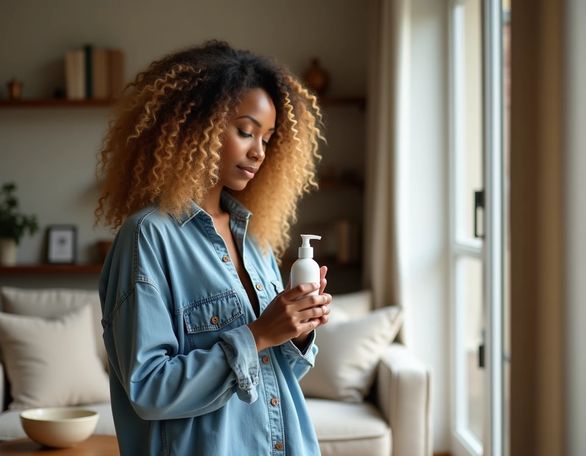 Femme aux cheveux bouclés ombré blond miel lisant l'étiquette d'un soin Olaplex chez elle dans un salon cosy
