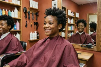 Jeune femme noire aux cheveux crépus courts et afro naturel stylisé assise dans un salon de coiffure afro professionnel