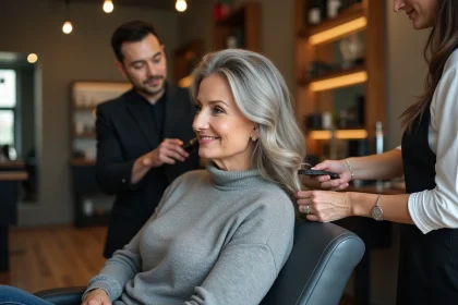 Femme aux cheveux gris dans un salon moderne