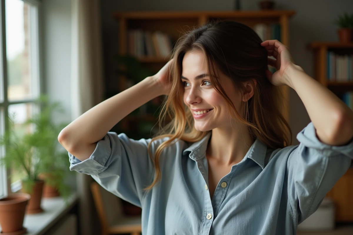 Jeune femme touchant ses cheveux dans un intérieur lumineux