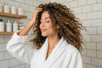 Femme aux cheveux volumineux et naturels dans une salle de bain moderne avec des produits sans silicone