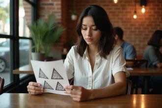 Jeune femme examinant une planche de tatouages représentant des motifs de trois triangles géométriques dans un café urbain