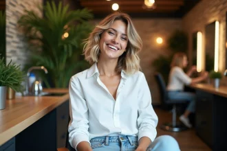 Femme souriante avec coupe bob dans un salon moderne