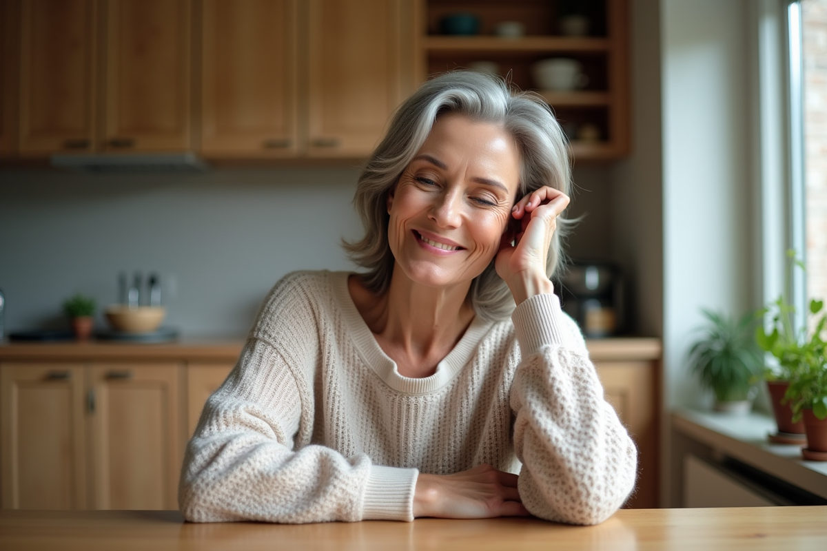 Femme confiante de 50 ans dans un intérieur cosy