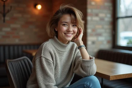 Femme souriante aux cheveux volumineux dans un café chaleureux