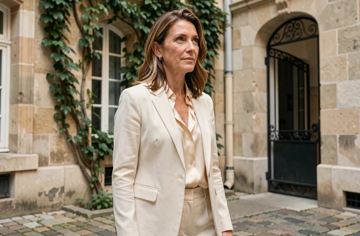 Femme élégante en blazer ivoire posant dans une cour parisienne en pierre, style icône de mode intemporel