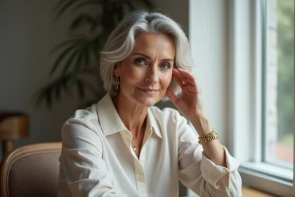 Femme élégante en portrait près d'une fenêtre