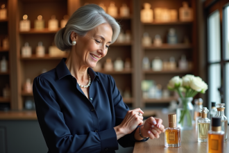 Femme élégante testant un parfum dans une boutique parfumée