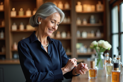 Femme élégante testant un parfum dans une boutique parfumée