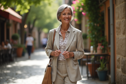 Femme élégante en ville portant un blazer en lin