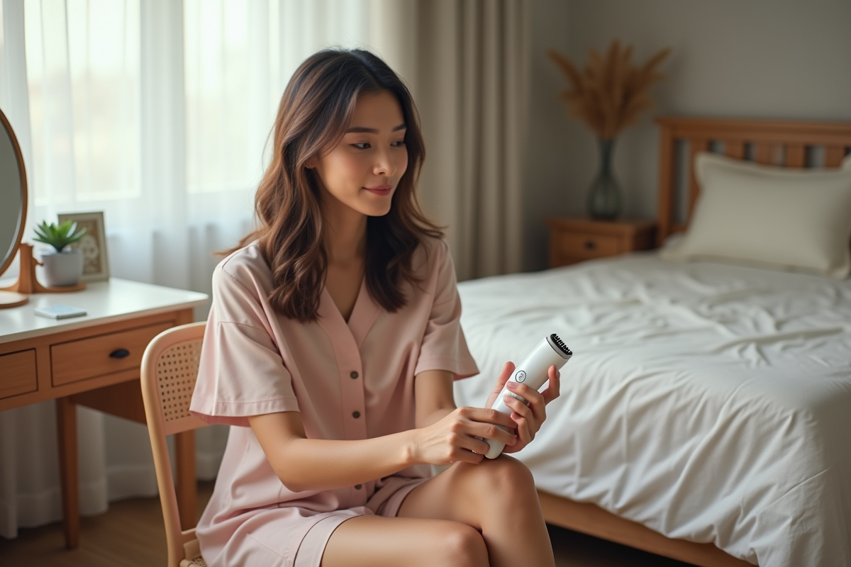 Jeune femme testant epilateur dans chambre cosy