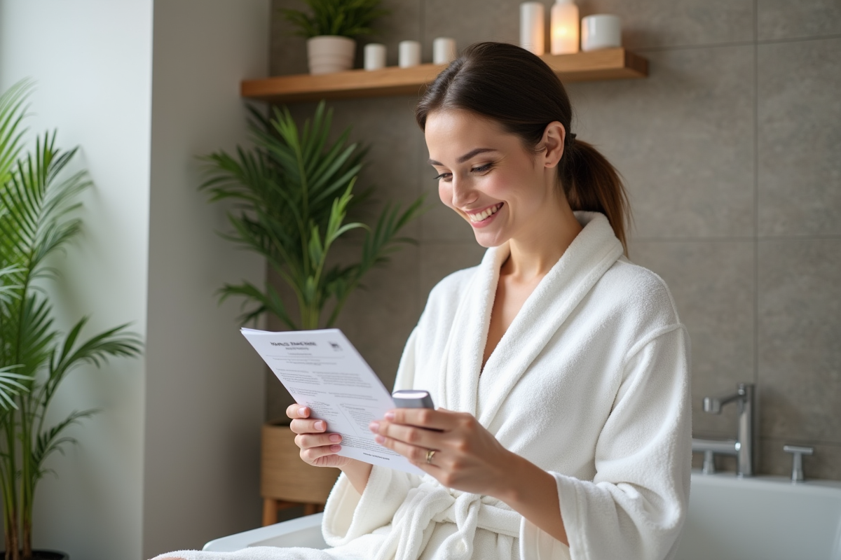 Femme souriante avec epilateur dans salle de bain moderne