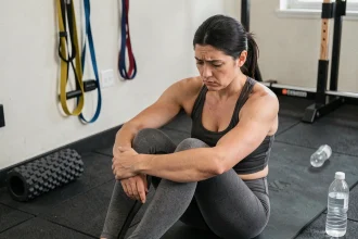 Femme frustrée assise sur un tapis de gym après une séance de fermoter inefficace, illustrant les erreurs courantes qui bloquent les résultats
