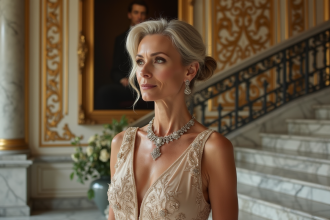 Femme élégante en robe de couture dans un intérieur parisien luxueux