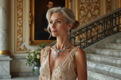 Femme élégante en robe de couture dans un intérieur parisien luxueux