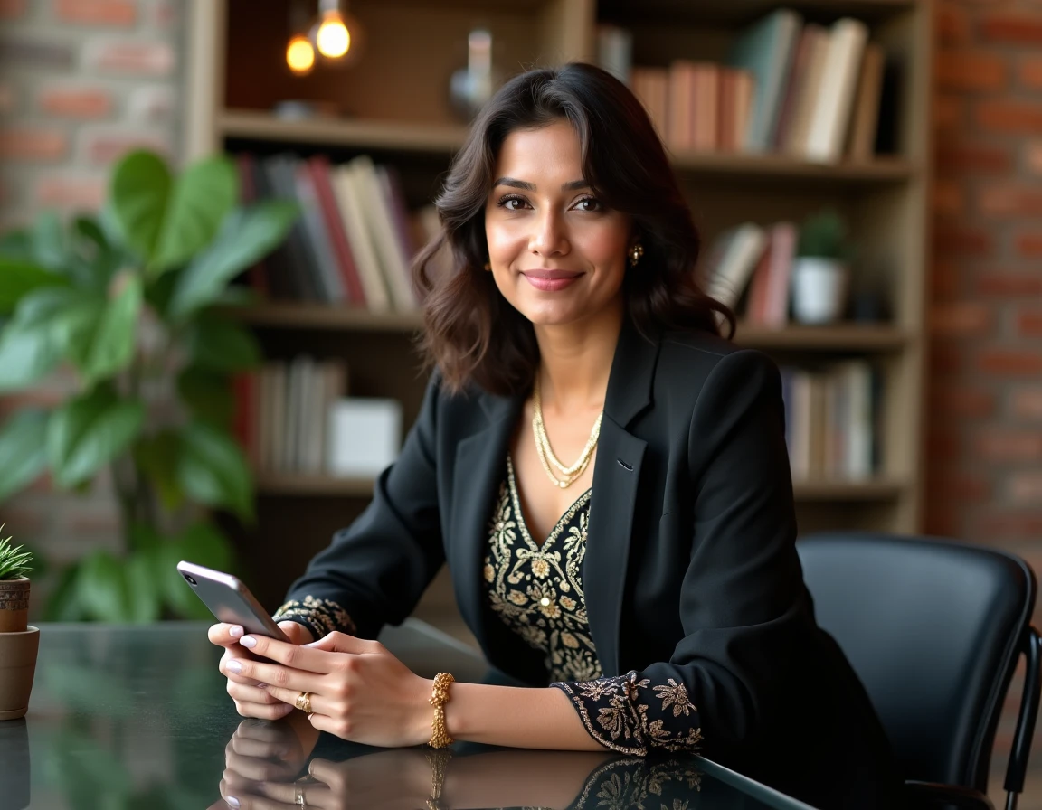 Femme indienne élégante en blazer moderne dans un espace de coworking contemporain à Mumbai