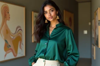 Jeune femme indienne moderne en tenue fusion élégante dans une galerie d'art contemporaine à Mumbai