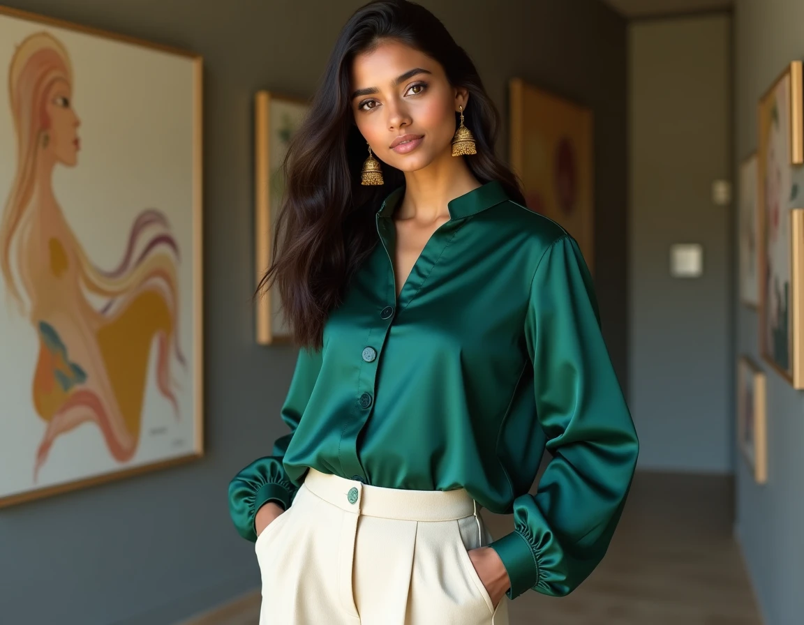 Jeune femme indienne moderne en tenue fusion élégante dans une galerie d'art contemporaine à Mumbai