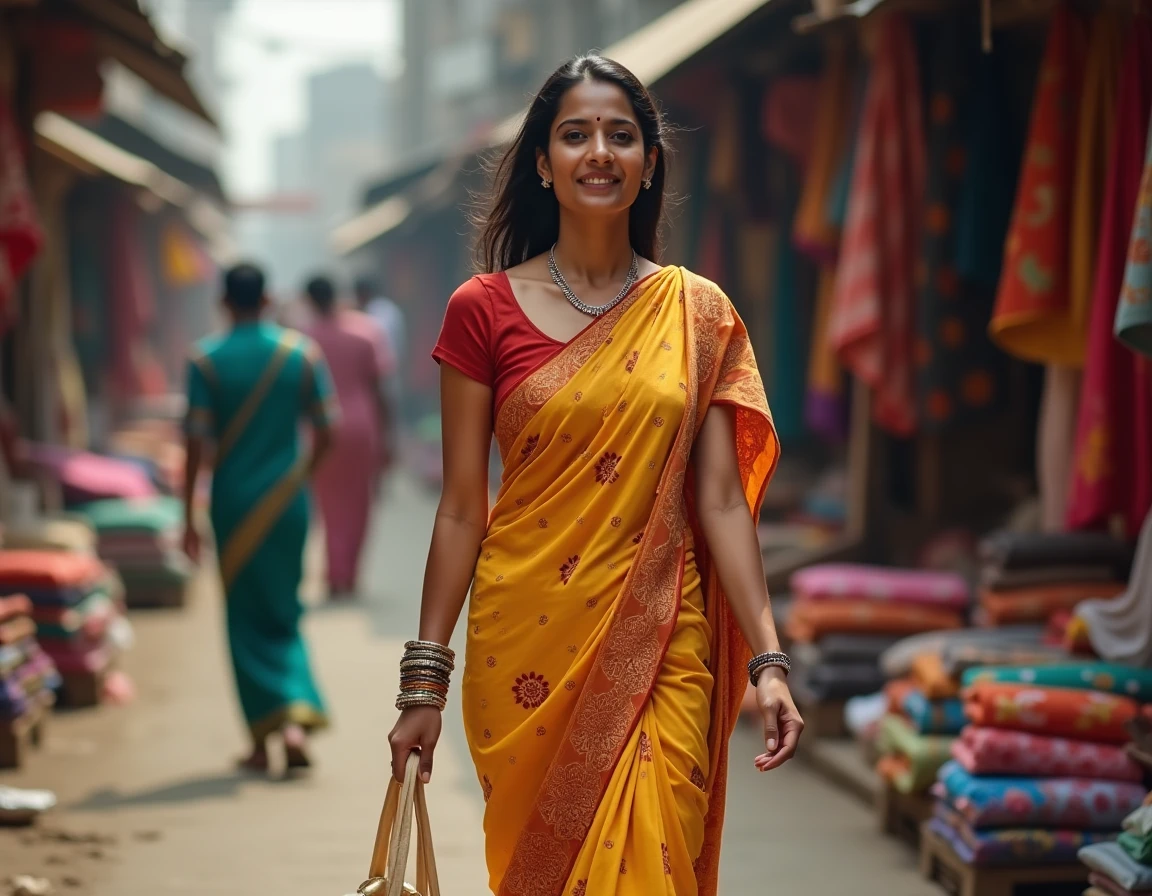 Femme indienne en sari traditionnel revisité marchant dans un marché animé de Delhi