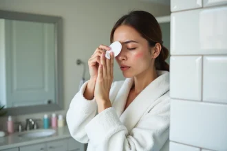 Femme appuyant un coton sur son œil irrité par le khôl dans une salle de bain