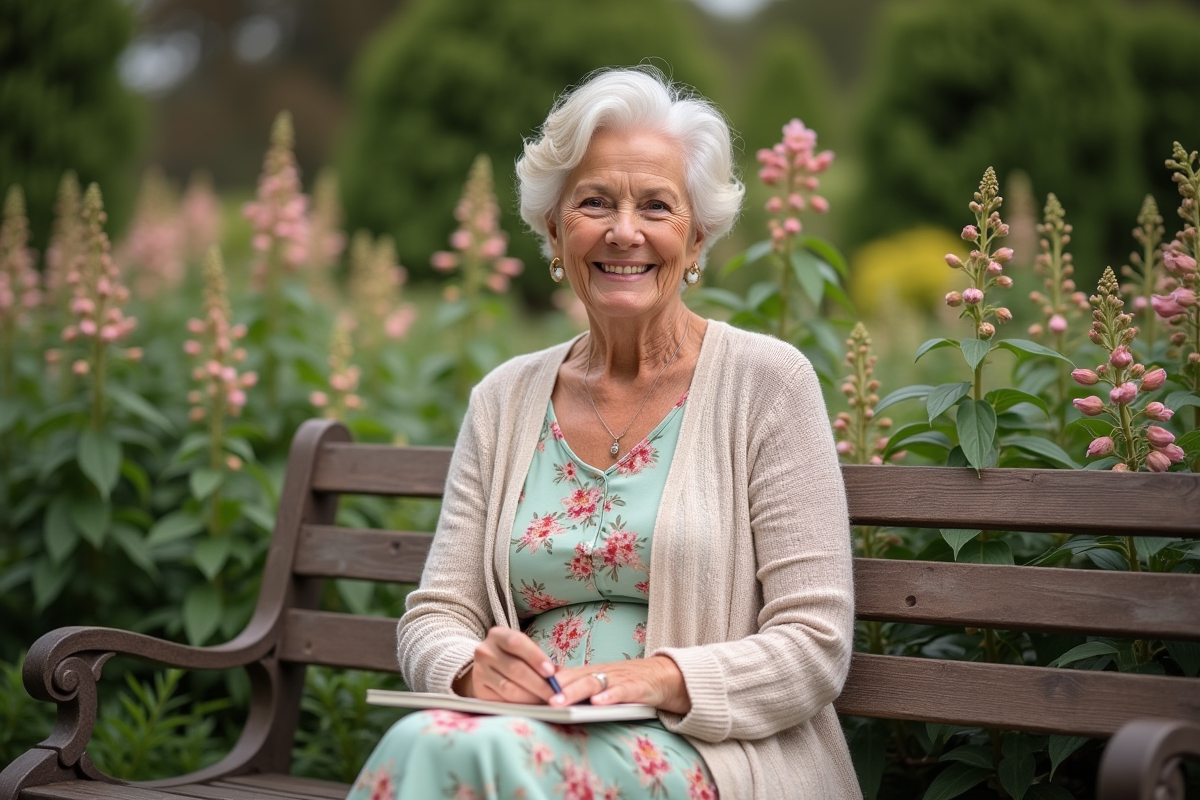 Femme souriante dans un jardin fleuri avec carnet