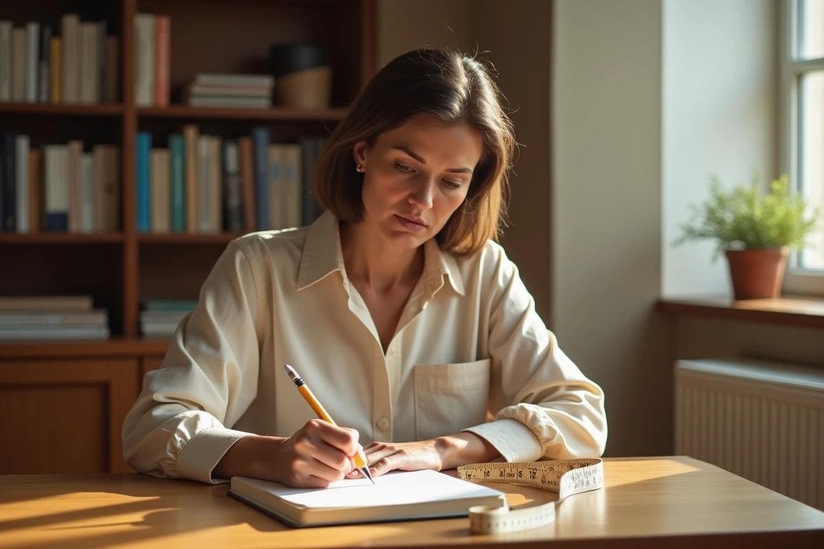 Femme écrivant dans un journal intime avec un mètre ruban posé sur son bureau, symbolisant la remise en question des standards corporels comme le 90-60-90