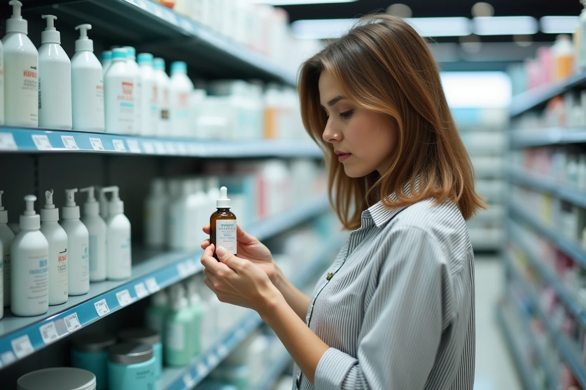 Femme lisant les ingrédients d'un produit capillaire Levona Paris en pharmacie pour évaluer les effets secondaires potentiels